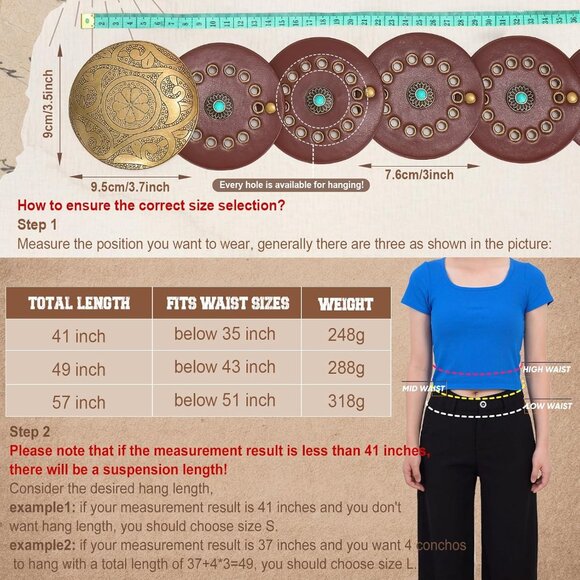 Woman's Western PU Leather Belt Concho Disc Wide Waist Belt Coffee Bronze Buckle - Picture 3 of 6